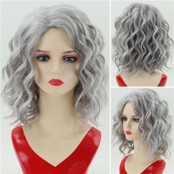 Short Gray Wavy Bob Wigs for White Women Medium Length Grey Curly Wig